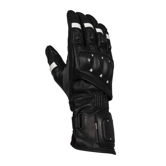 Black and white Knox Oulton MK 2 motorcycle gloves in X-Small, featuring leather material, knuckle protection, and adjustable wrist strap for a secure fit.