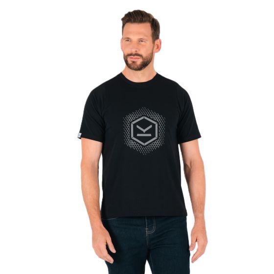 Black Knox Reflect T-Shirt in large size, featuring a reflective hexagonal logo on the front, made from soft, breathable material, styled with short sleeves.