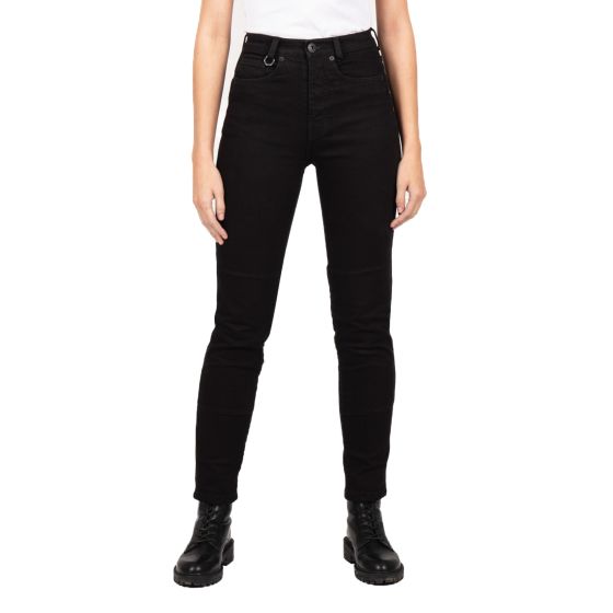 Black motorcycle denim jeans for women by Knox, featuring a slim fit, high waist, and subtle stitching details, paired with black ankle boots.