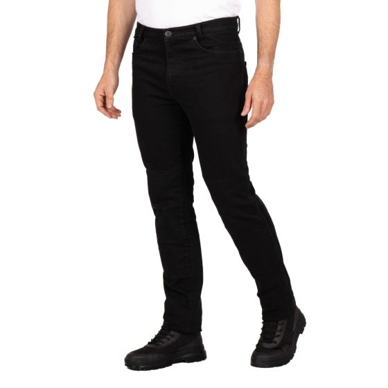 Knox Rydal Motorcycle Denim Jeans in black, featuring a slim fit, durable material, and reinforced stitching, paired with black boots for a rugged look.