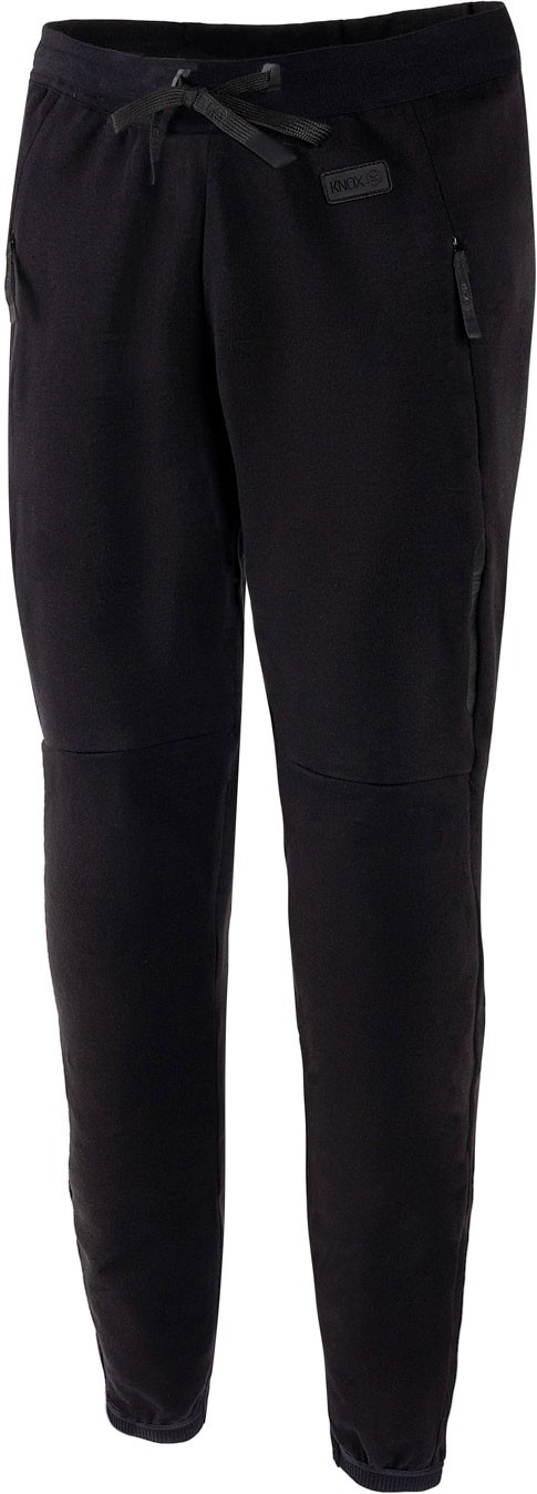 Black textile jogging pants by Knox, featuring a slim fit, elastic waistband with drawstring, and zippered pockets for secure storage, size XS.