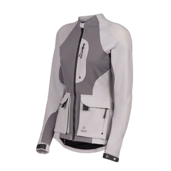 Light grey Knox Tor Duo women's protector jacket in size L, featuring mesh panels, a front zipper, and multiple pockets for functionality.