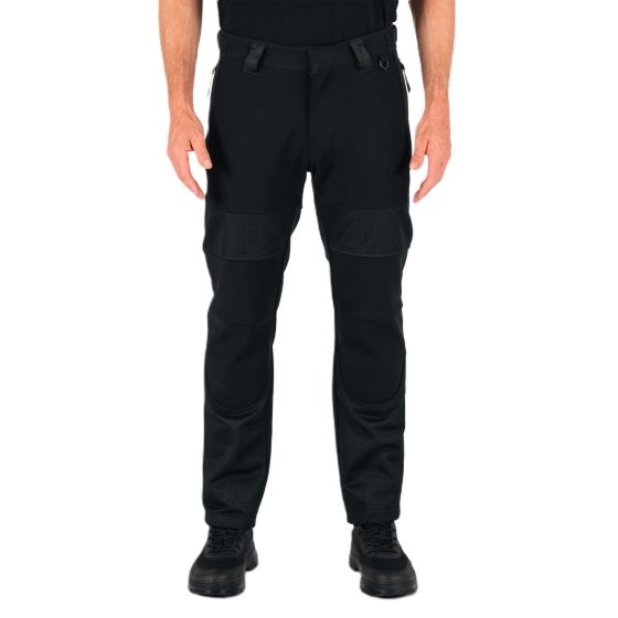 Black textile pants with reinforced knee panels and mesh ventilation, featuring multiple pockets and a slim fit, designed for comfort and durability in size S.