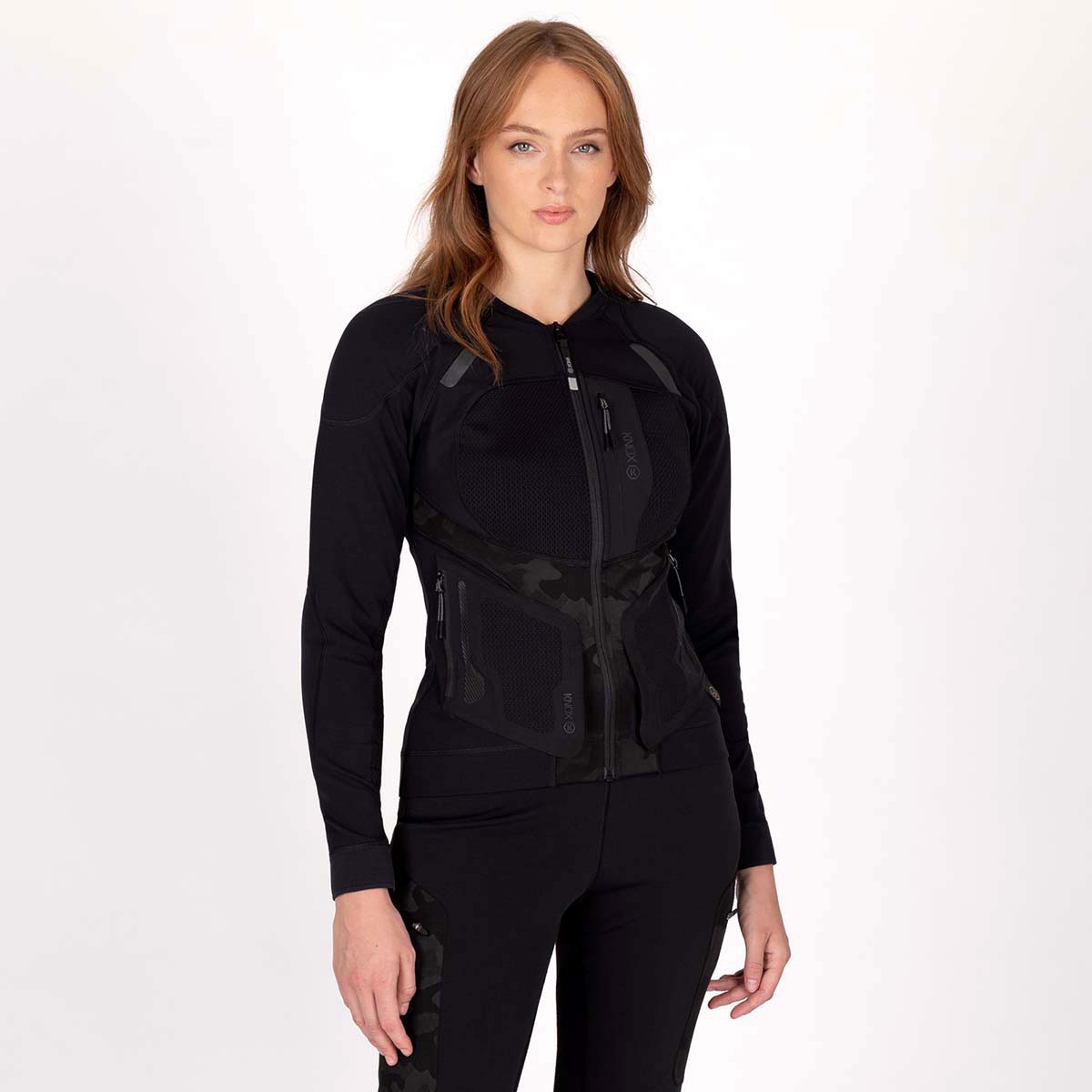 Black Knox Action Pro MK2 women's protector jacket in size S, featuring a sleek design with mesh panels and a zippered front for enhanced ventilation and comfort.