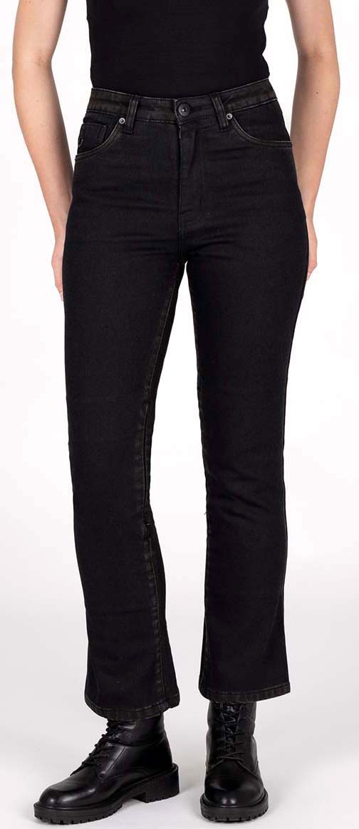 Black kick flare jeans for women by Knox, featuring a high waist, five-pocket design, and a short XL size, paired with black boots for a stylish look.