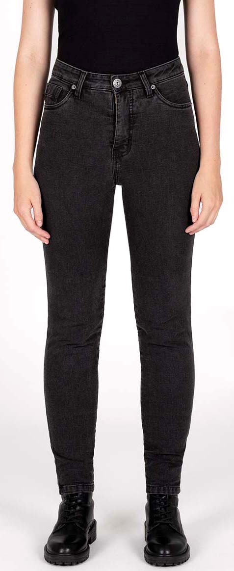 Black women's jeans by Knox, size L, featuring a high waist, slim fit, and classic five-pocket design, made from durable denim material.