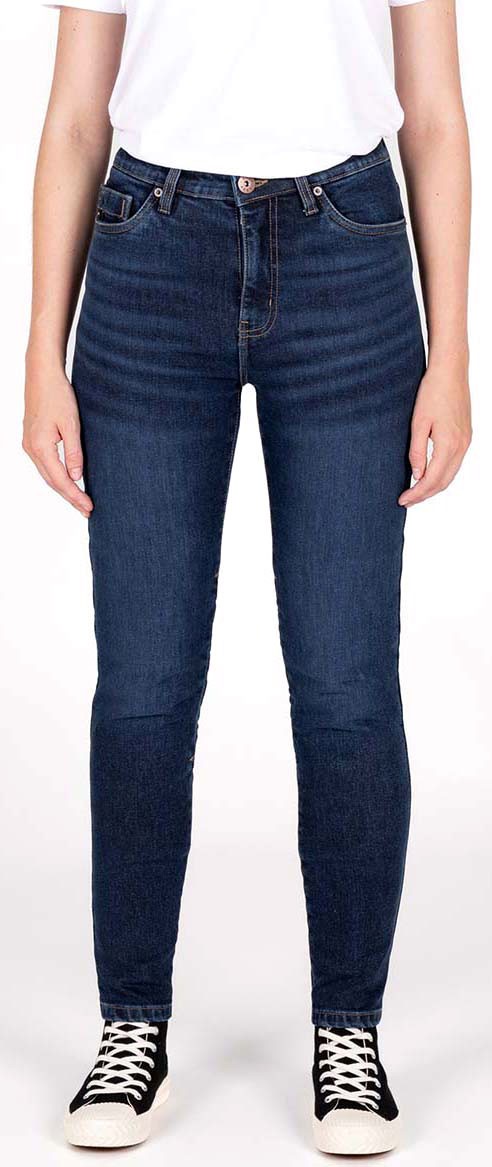 Dark blue women's jeans by Knox Colton in size Short M, featuring a high waist, slim fit, and classic five-pocket design, paired with black and white sneakers.