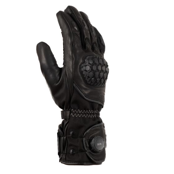 Black leather motorcycle gloves featuring a textured grip, knuckle protection, and adjustable wrist strap, designed for small hands.