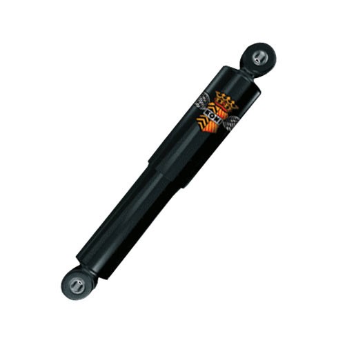 Black monotube shock absorber with a glossy finish, featuring a distinctive orange and white Koni logo and top pin mounts for easy installation.