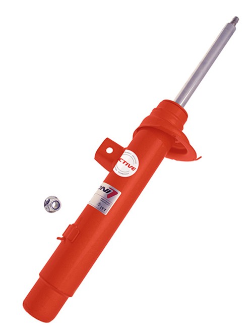 Red gas pressure shock absorber with adjustable features, spring-bearing damper, and top pin, labeled "KONI 8245-1190R SPECIAL ACTIVE," includes a metal mounting hardware.