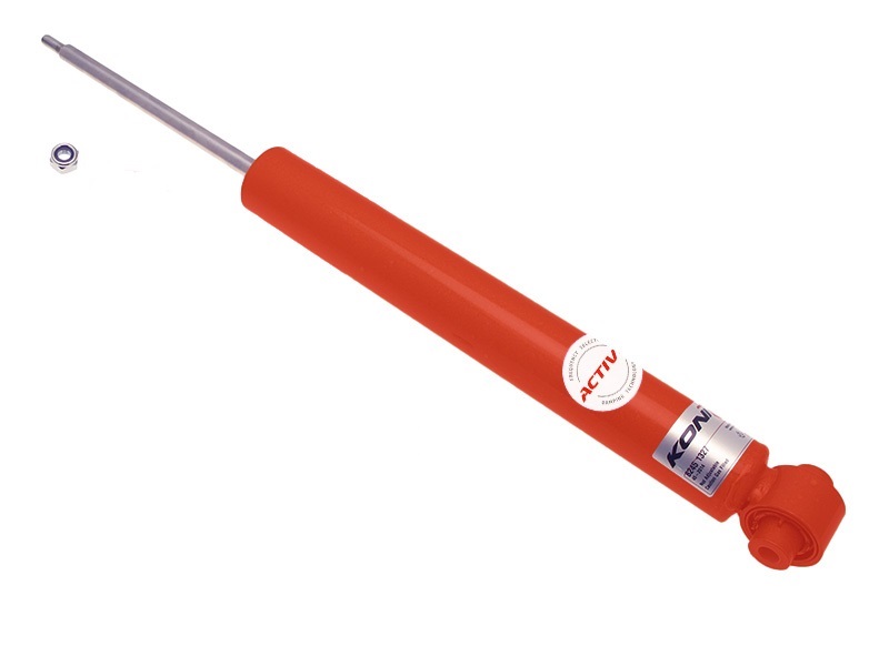 Red telescopic shock absorber with a gas pressure design, featuring a top pin and Koni branding, marked with "ACTIV" for enhanced performance.