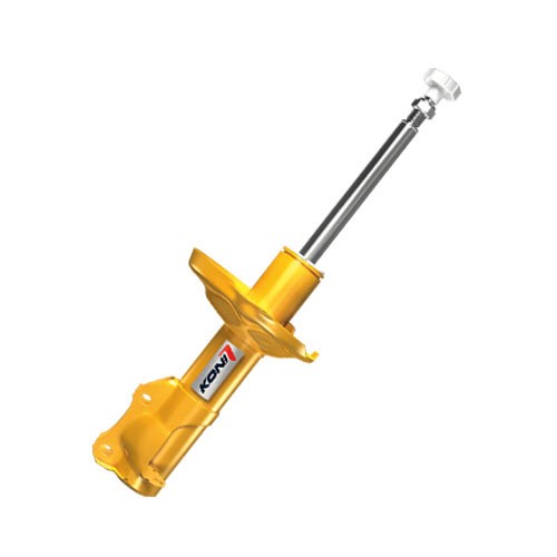 Yellow twin-tube telescopic shock absorber with a silver piston rod and a top pin, featuring the Koni logo on the body.