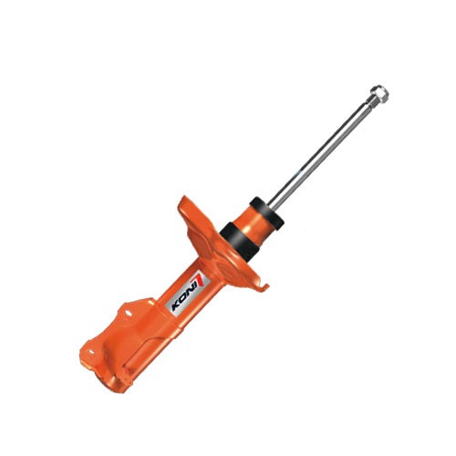 KONI 8050-1122 shock absorber in bright orange, featuring a twin-tube design, gas pressure technology, and a telescopic structure with a top pin for easy installation.