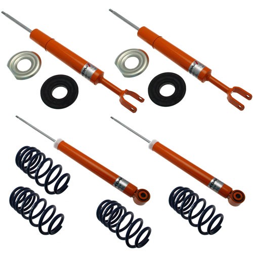 KONI 1120-4841 suspension kit featuring orange shock absorbers and black rubber components, with blue coil springs, designed for front axle installation.