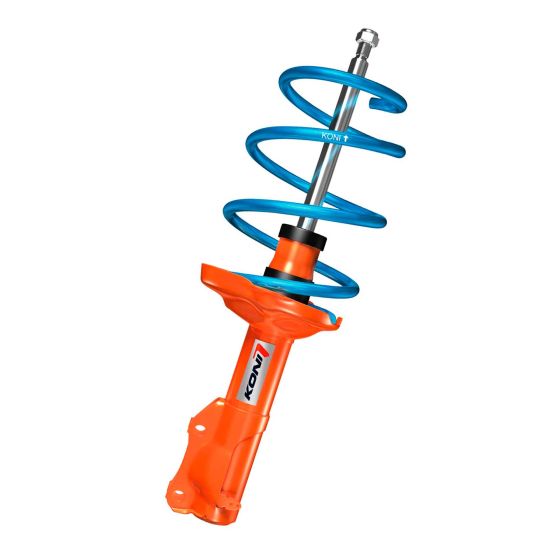 KONI 1120-0080 suspension kit featuring a bright orange shock absorber with a blue coil spring, designed for front axle installation, showcasing durable metal construction.