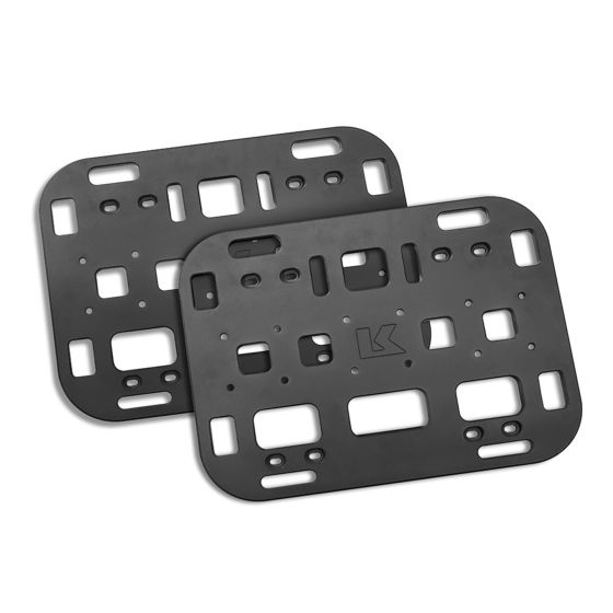 Two black OS-Platform plates by Kriega, designed for the Harley Davidson Pan America, featuring multiple cutouts and mounting points for versatile attachment options.