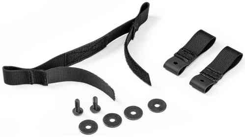 Black mounting kit for Kriega US-Drypack, featuring adjustable straps, two clips, and five black screws with washers, designed for Ducati Panigale V4 compatibility.