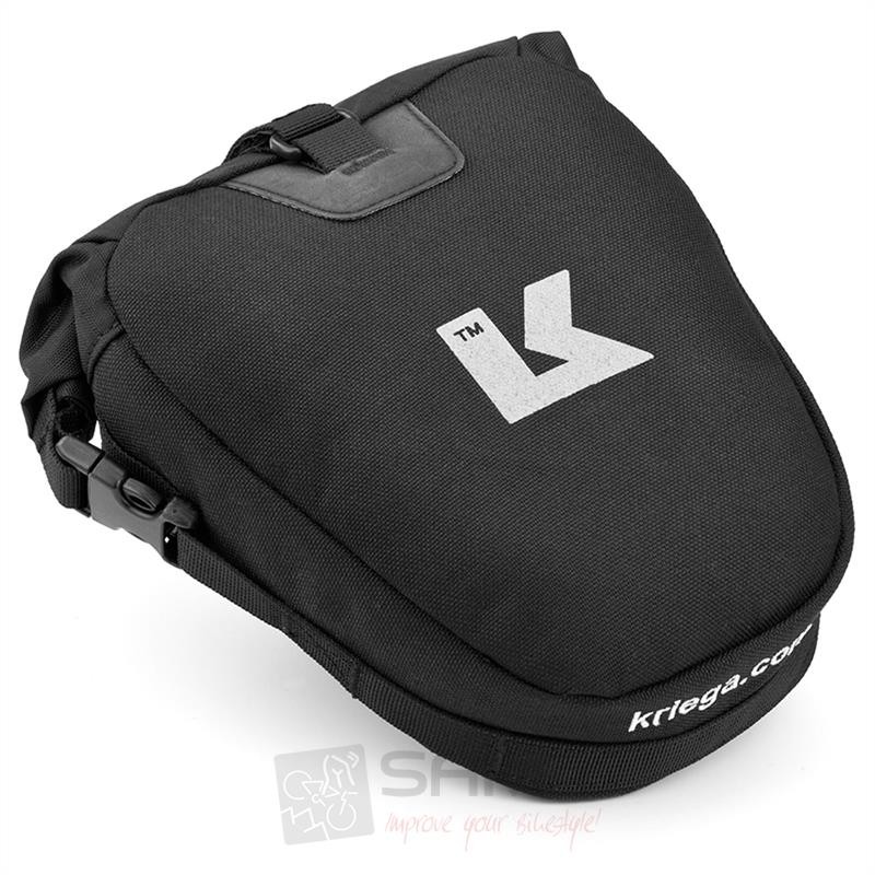 Black Kriega Rally Pack rear bag made from durable nylon, featuring a prominent white logo, zippered closure, and adjustable straps for secure attachment.