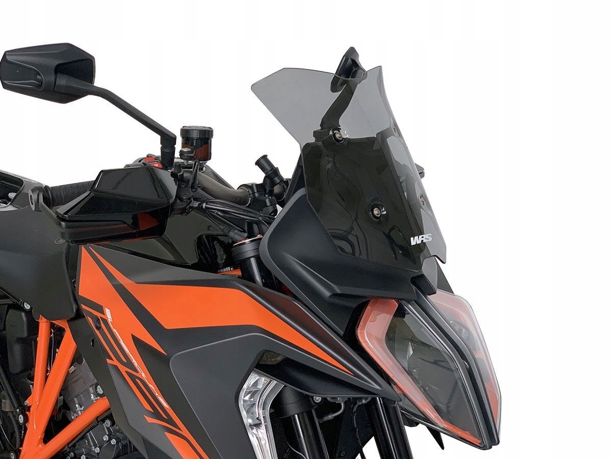 Dark smoke windscreen for KTM 1290 Duke, made of durable material, featuring a sleek design with WRS branding, enhancing aerodynamics and style.
