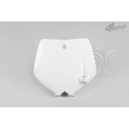 White front number board for KTM SX65 models (2002-2008) by UFO, featuring a smooth plastic surface with a central mounting hole and a distinctive cut-out shape.