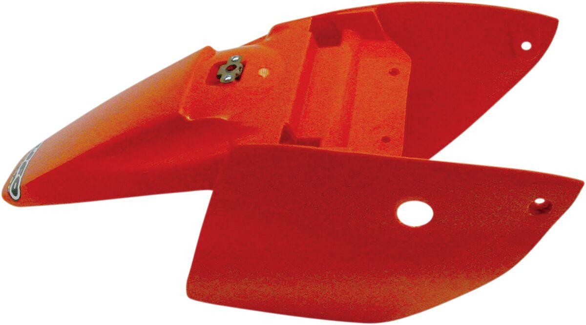 Orange plastic rear fender and side panel unit for KTM SX65 models from 2002 to 2008, featuring a smooth finish and mounting points for easy installation.