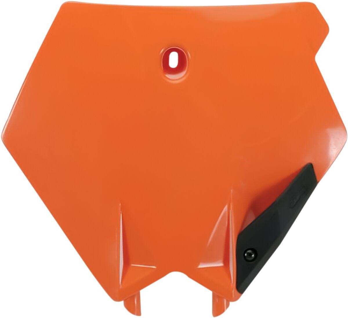 Orange plastic front number board for KTM SX125 (2003-2006), featuring a sleek design with a single mounting hole and a black accent on the side.