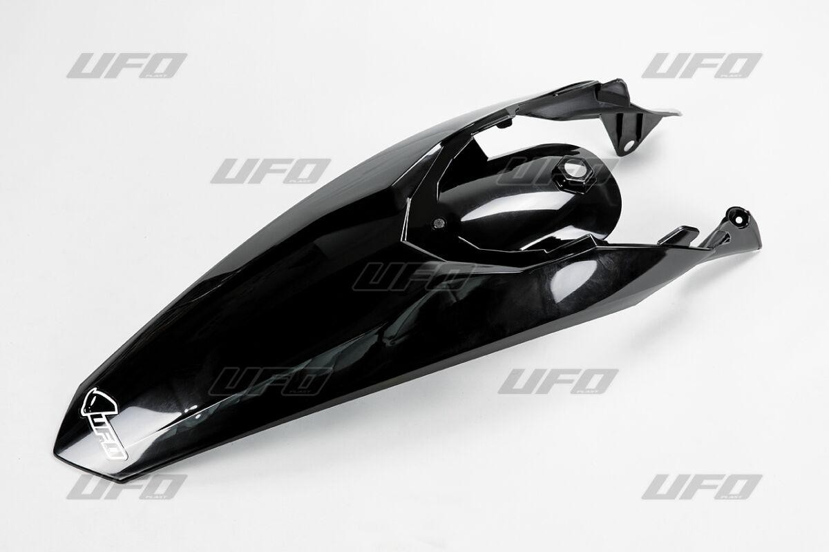 Black rear fender for KTM EXC 125-500 models from 2012-2016, featuring a sleek design and durable plastic material with the UFO logo prominently displayed.