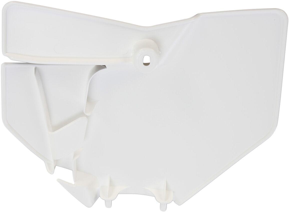 White front number board designed for KTM SX125 models from 2016 to 2018, featuring a sleek design and durable plastic material with mounting points.