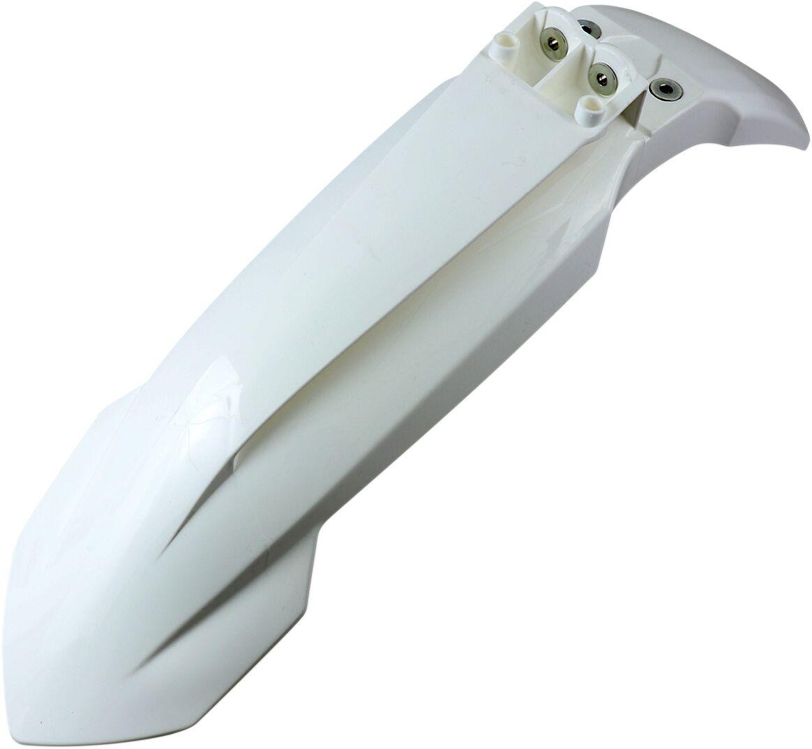 White plastic front fender designed for KTM SX85 models from 2018 to 2024, featuring a sleek aerodynamic shape and two mounting holes for easy installation.