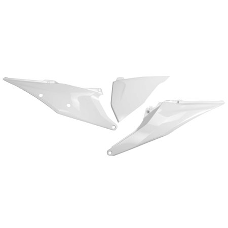 White plastic side panels designed to fit KTM™ motorcycles, featuring a sleek, aerodynamic shape with multiple mounting holes for easy installation.