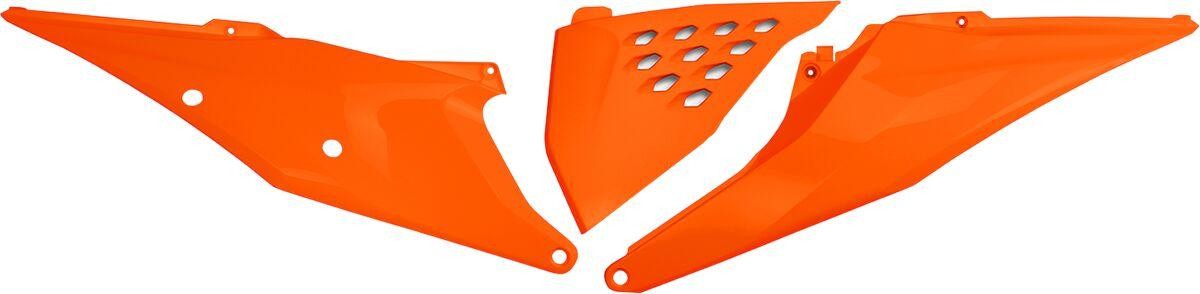 Bright orange plastic side panels designed for KTM EXC150 TPI models from 2020 to 2023, featuring sleek lines and a perforated section for airflow.