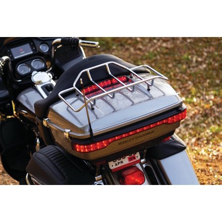 Kuryakyn 6707 Tour-Pak Lid Light features a sleek chrome design with integrated red LED running, turn signal, and brake lights, mounted on a Harley-Davidson motorcycle.