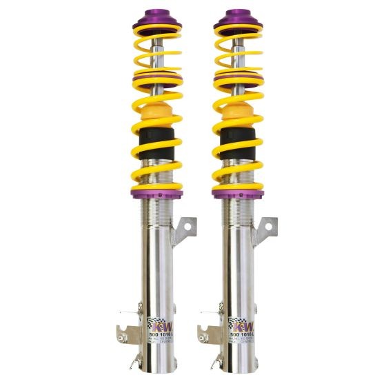KW Suspension V1 Coilover Kit featuring stainless steel construction, yellow springs, and purple top mounts, designed to lower front 40-60mm and rear 30-50mm for enhanced performance.