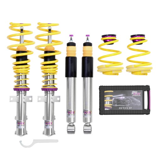 KW Suspension V2 Coilover Kit featuring yellow springs, silver shock absorbers, and a black tool kit, designed to lower vehicle height by 25-45mm in both front and rear.