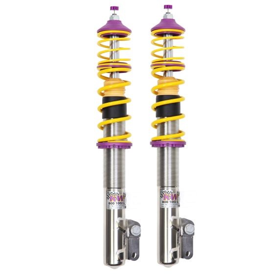 KW Suspension V2 Coilover Kit features silver metal shock absorbers with yellow springs and purple top mounts, designed to lower front 40-60mm and rear 30-50mm for enhanced performance.