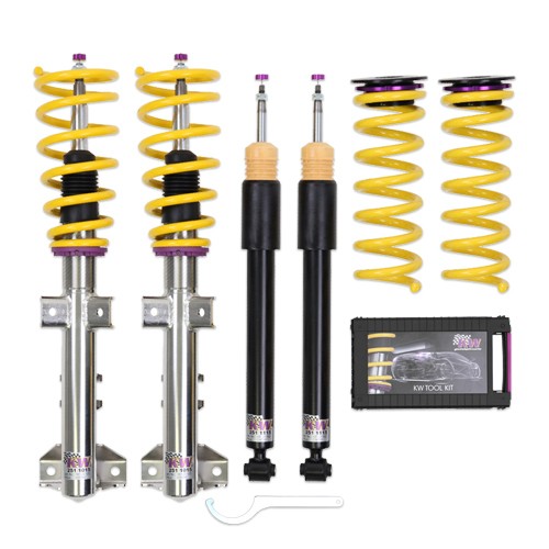 KW Suspension V2 Comfort Coilover Kit featuring yellow springs, black dampers, and silver metal components, designed to lower front by 30-50mm and rear by 35-55mm, includes a tool kit.