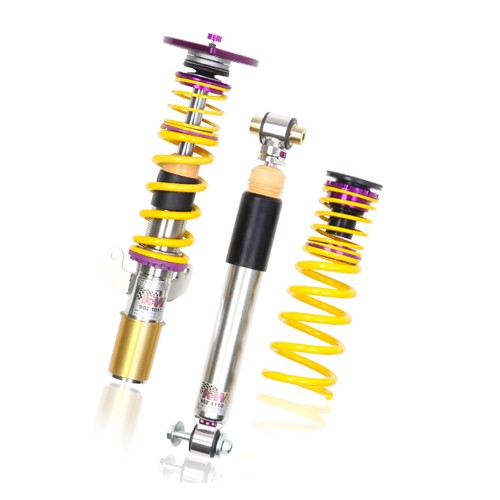 KW Suspension V3 Clubsport Coilover Kit featuring yellow springs, adjustable dampers, and a sleek silver finish, designed to lower vehicles by 10-35mm for enhanced performance.