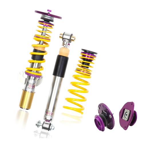 KW Suspension V3 Clubsport Coilover Kit features metallic silver shock absorbers, purple top mounts, and bright yellow springs, designed to lower vehicles by 20-40mm.