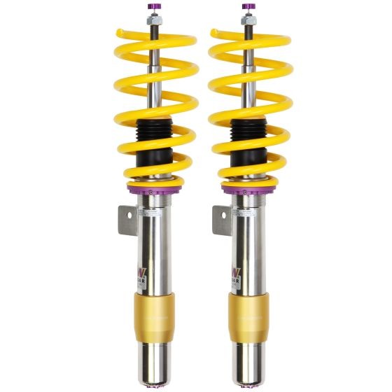 KW Suspension V3 Coilover Kit features stainless steel bodies, yellow coil springs, and adjustable height for lowering vehicles by 25-50mm, ideal for performance tuning.