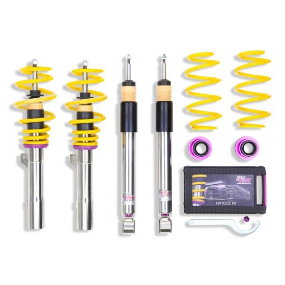 KW Suspension V3 Coilover Kit featuring stainless steel shock absorbers, yellow coil springs, purple accents, and an electronic damping cancellation kit for adjustable lowering.