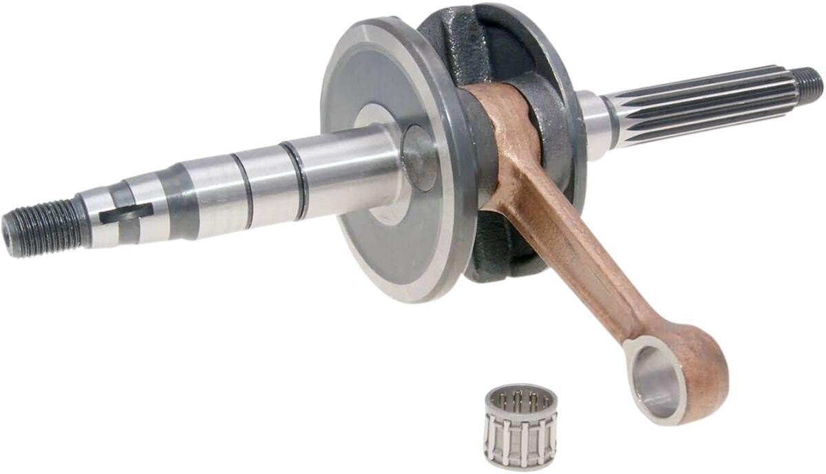 101 Octane KW16635 crankshaft for Benelli 49X 50, featuring a polished metal finish, a central flywheel, and a connecting rod, with a needle bearing included.
