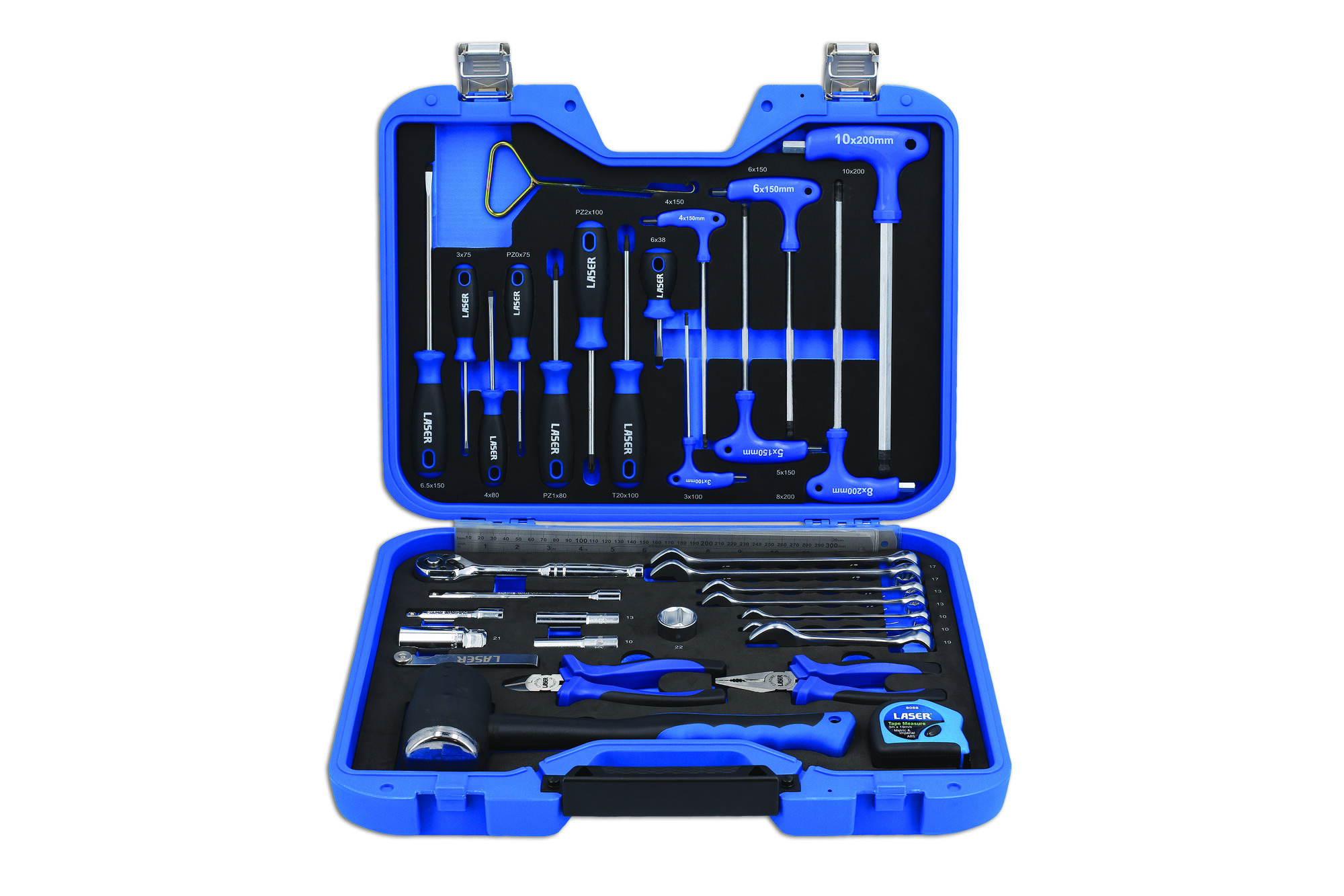 A blue plastic case opens to reveal a 36-piece racing karting tool kit, featuring various tools like screwdrivers, wrenches, and pliers, all with blue and black accents.