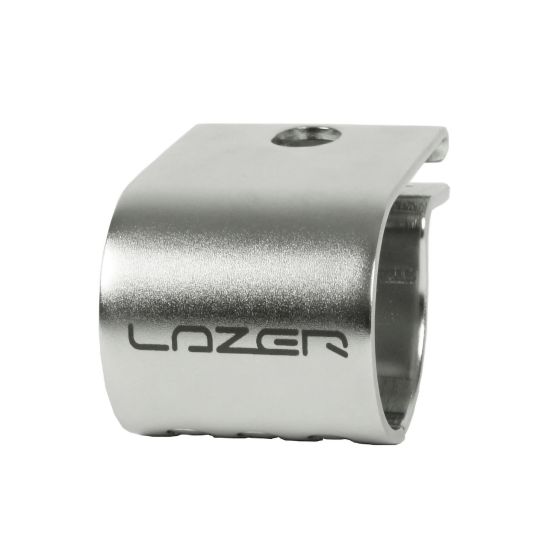 Silver horizontal tube clamp made of durable metal, designed for 42mm tubes, featuring a sleek finish and the "LAZER" logo prominently displayed.
