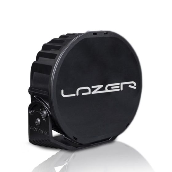 Black circular light cover made of durable material, featuring a ribbed edge and a prominent white "LAZER" logo, designed for Lazer Lamps Sentinel lights.