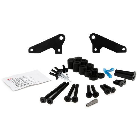 Black metal brackets, various screws, rubber spacers, and an instruction sheet for the Lazer Lamps Universal Light Bar Roof Mounting Kit, designed for roof rails with a height of 37mm.