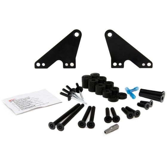 Black metal brackets and various screws, bolts, and rubber spacers for the Lazer Lamps Universal Light Bar Roof Mounting Kit, with a detailed instruction sheet included.