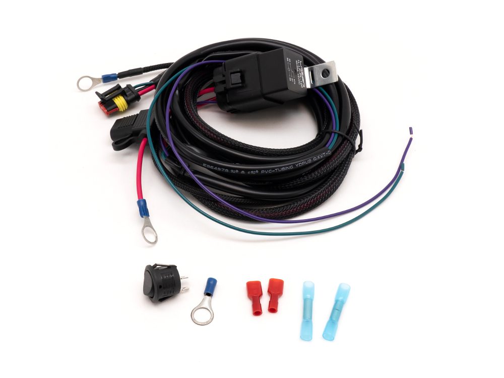 1-Lamp harness kit featuring a black braided cable, a relay, various colored wires, and connectors, designed for easy installation with 3-pin compatibility.