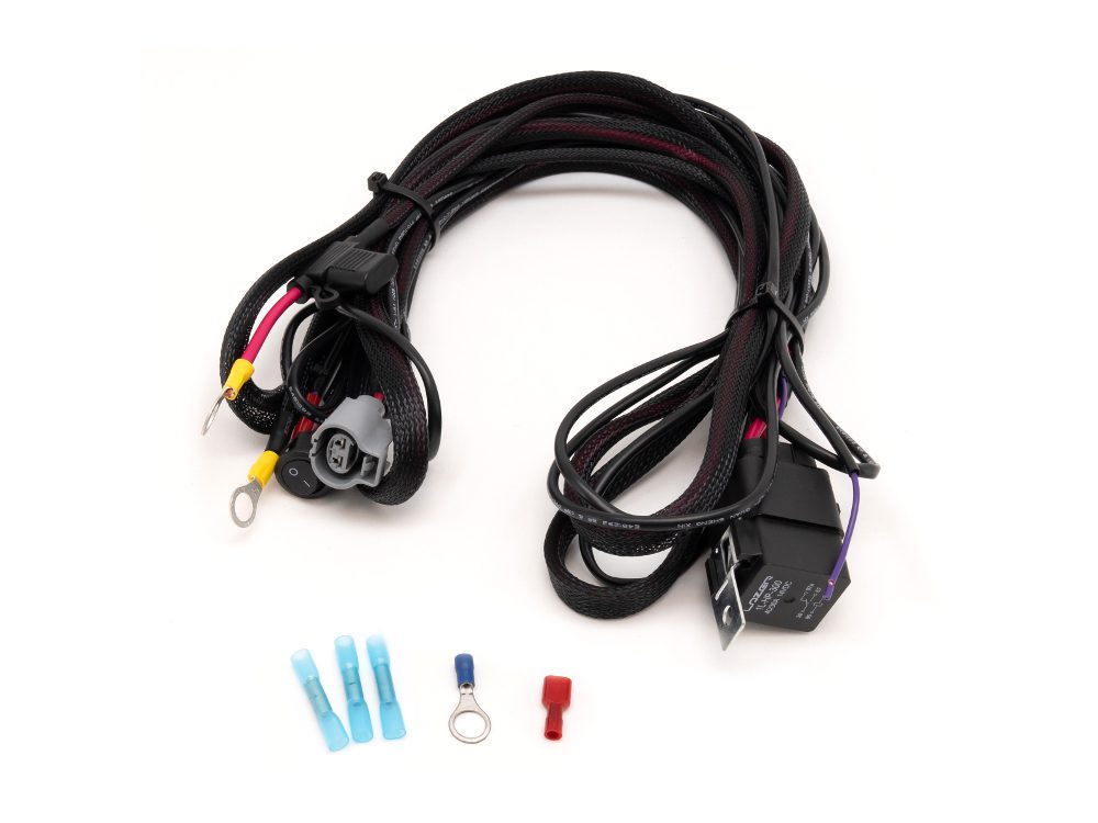 12V 1-lamp harness kit featuring a high-power relay, black and purple wiring with protective sheathing, and assorted connectors in blue and red, designed for automotive lighting.