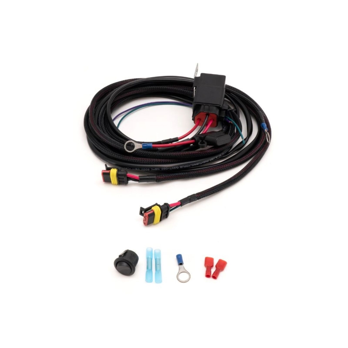 Wiring harness for Triple-R Light Bar featuring a 12V relay, 30A fuse, 3-pin Superseal connection, and a 2.2-meter cable, with various connectors and a switch included.