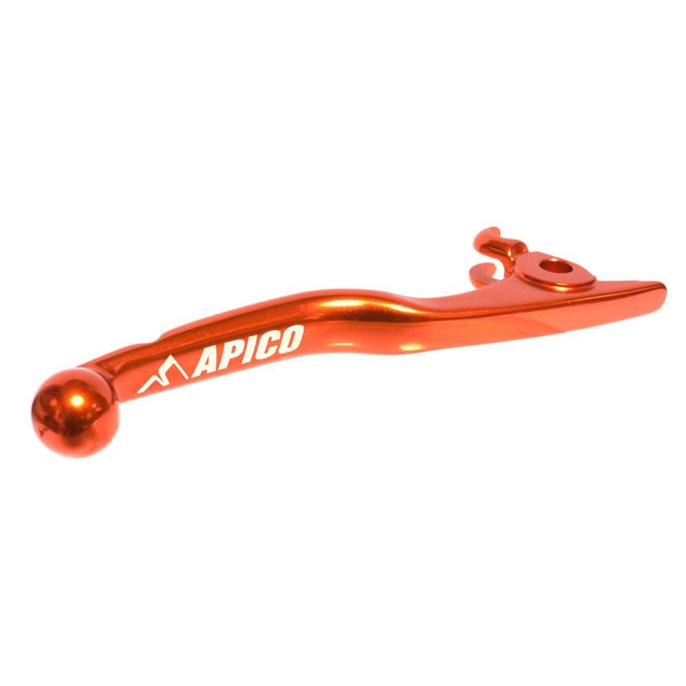 Apico Elite Brake Lever in vibrant orange aluminum, featuring a sleek design with a rounded end and engraved logo, compatible with various motorcycle models from 2005 to 2018.